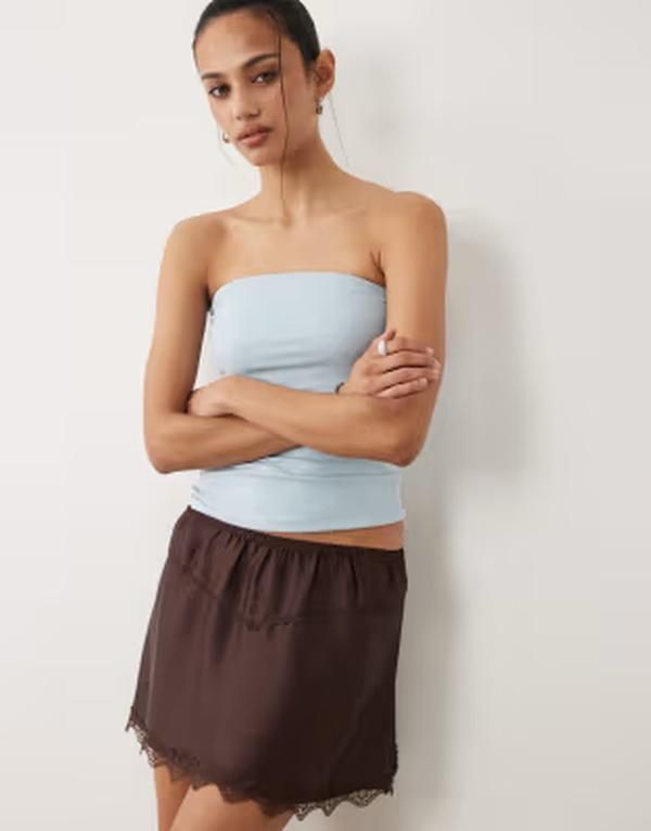 コットンオン レディース ボトムスカート レーストリム ミニ サテン レース Cotton Estelle satin mini skirt with lace trim HONEY CREAM クリーム