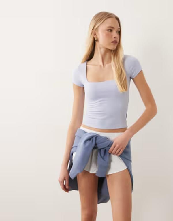 コットンオン レディース トップス Tシャツ Cotton Active ultra soft square neck Tshirt in violet blue ブルー