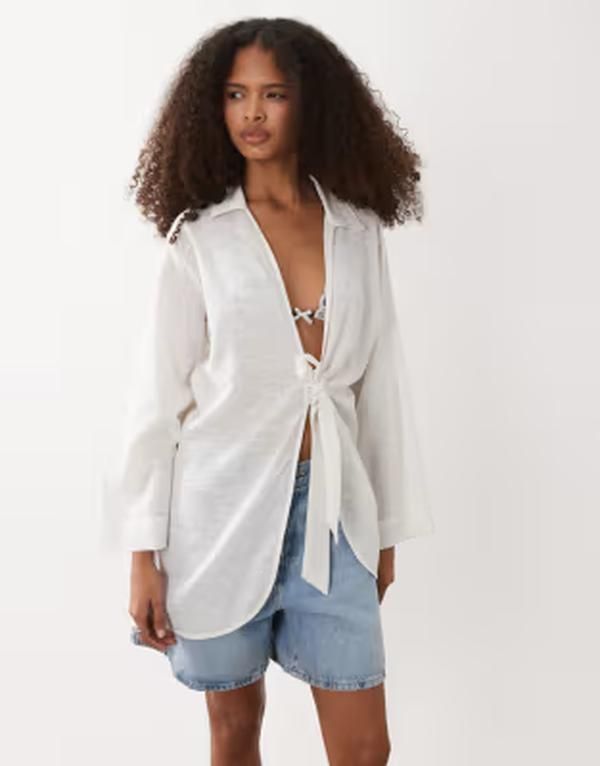 アクセサライズ レディース トップス シャツ Accessorize tie front beach shirt WHITE ホワイト