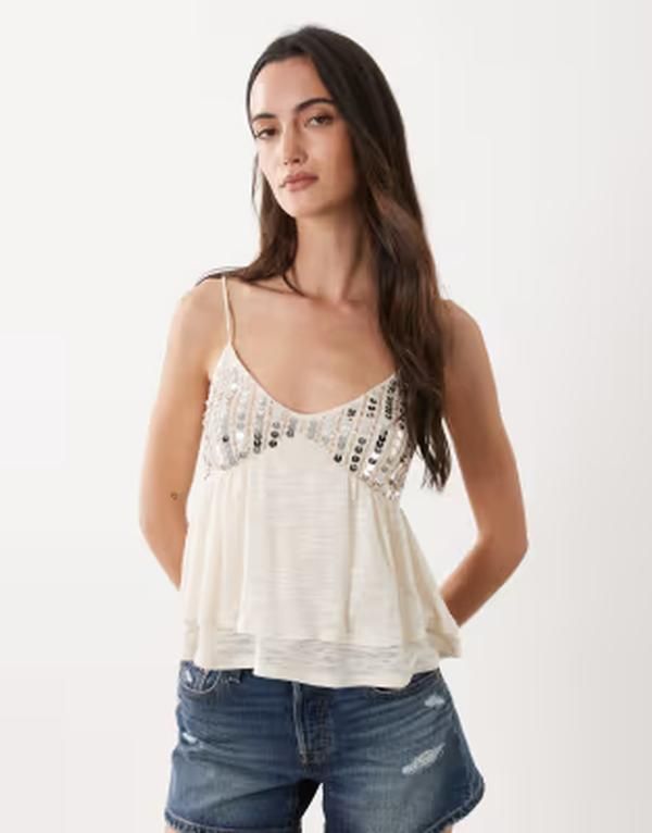ミスセルフフリッジ レディース トップス シャツ スパンコール Misselfridge sequin detail baby doll cami top in cream クリーム