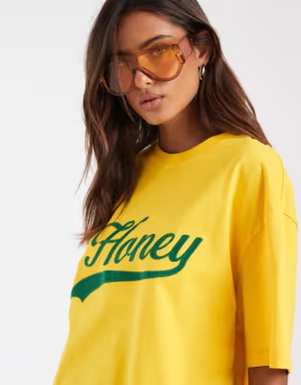 エイソス レディース トップス Tシャツ ASOS DESIGN oversized Tshirt withoney slogan in mustard yellow MUSTARD マスタード