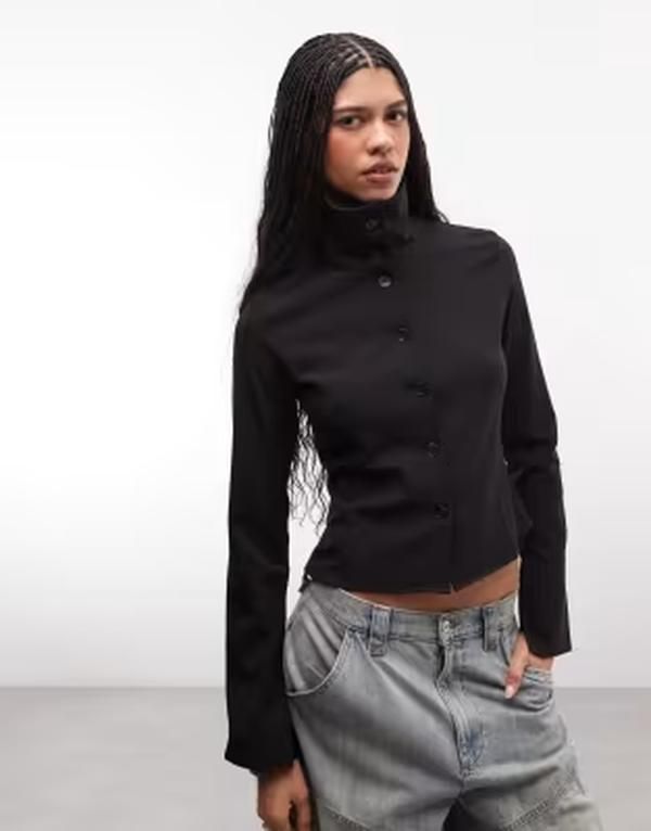 ウィークデイ レディース トップス Tシャツ スリムフィット スタンドネック Weekday funnel neck slim fit shirt Black ブラック