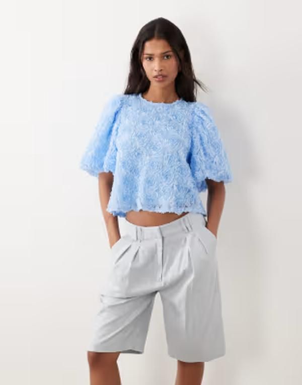ヴィラ レディース トップス シャツ フラワー柄 フラワー Vila floral jacquard short sleeve top in light Nantucket breeze ブルー