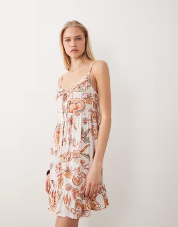 アクセサライズ レディース トップス ワンピース フラワー柄 ミニ フラワー Accessorize floral tie front mini beach dress CREAM クリーム