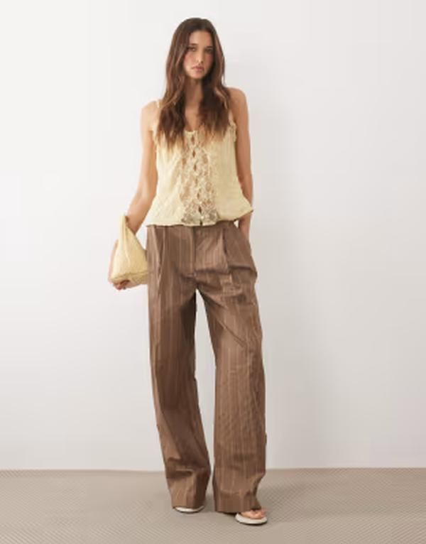 マンゴ レディース ボトムス カジュアルパンツ コットン Mango Martin cotton rich tailored pantstripes part of a set BROWN ブラウン
