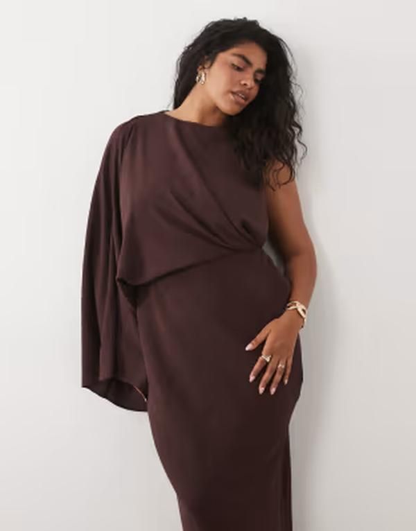 エイソス レディース トップス ワンピース ドレープ ワンショルダー マキシ ASOS Curve ASOS DESIGN Curve oneshoulder drape back column maxi dress in fudge Brown ブラウン