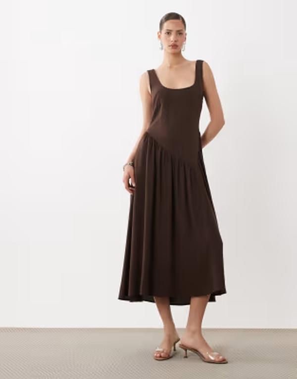 エイソス レディース トップス ワンピース リネン マキシ ASOS DESIGN dropped waist linen mix maxi dress in chocolate Brown ブラウン