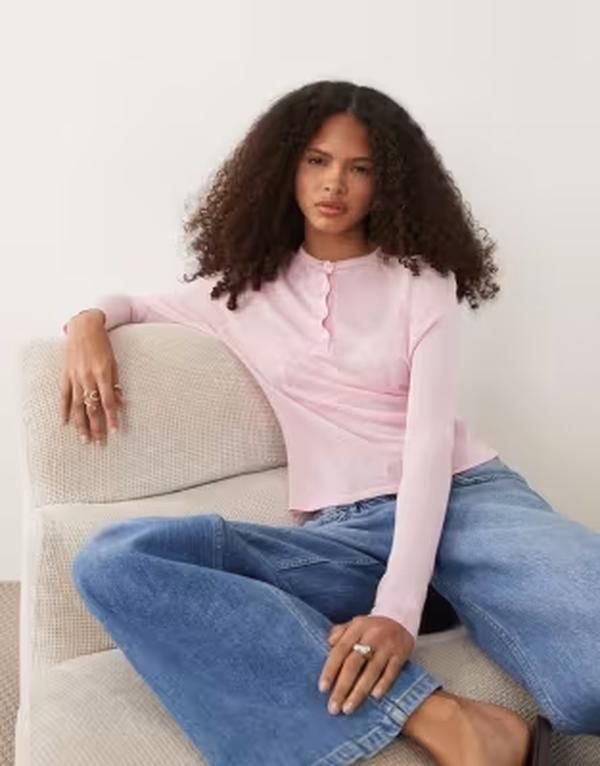エイソス レディース トップス Tシャツ シアー ニット ASOS DESIGN fine knit sheer henley topink ピンク