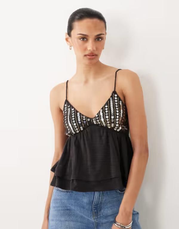 ミスセルフフリッジ レディース トップス シャツ スパンコール Misselfridge sequinedetailing baby doll cami top in charcoal チャコール