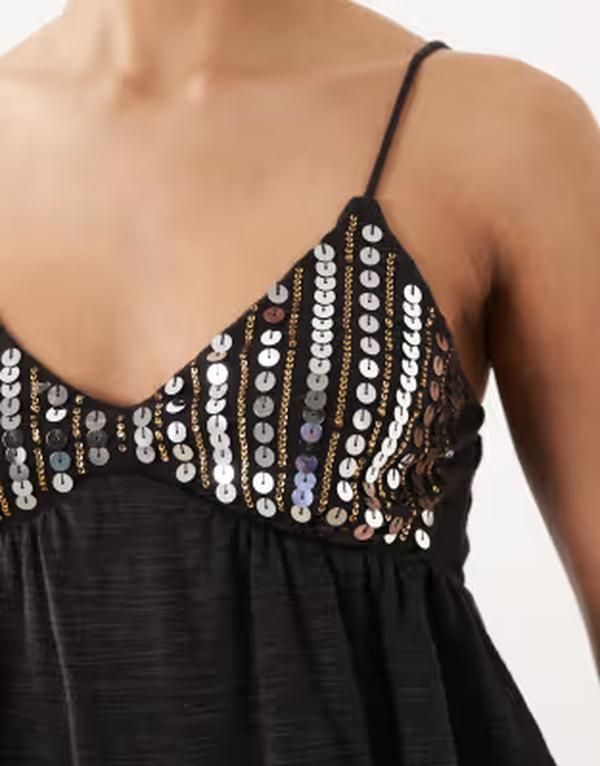 ミスセルフフリッジ レディース トップス シャツ スパンコール Misselfridge sequinedetailing baby doll cami top in charcoal チャコール