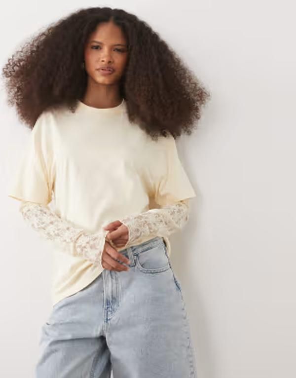 ミスセルフフリッジ レディース トップス シャツ レース Misselfridge oversized Tshirt with lace sleeve in butter yellow Butter yellow イエロー
