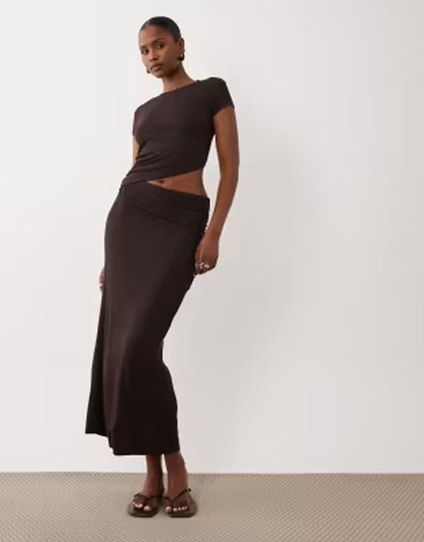 エイソス レディース トップス ワンピース カットアウト ミディ ASOS DESIGN light rib cutout midi dress in chocolate チョコレート