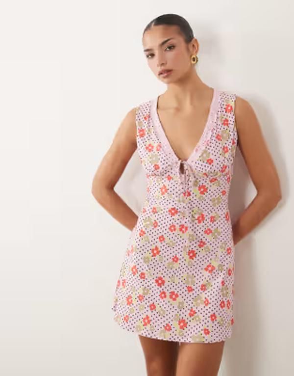 エイソス レディース トップス ワンピース Vネック レーストリム フラワー柄 プリント ミニ レース フラワー ASOS DESIGN slinky vneck lace trimini dress ditsy floral print Ditsy flor