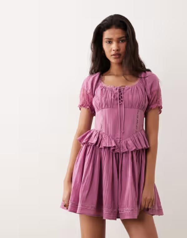 ミスセルフフリッジ レディース トップス ワンピース レース Misselfridge cheesecloth lace detail milkmaidress in raspberry Plum プラム
