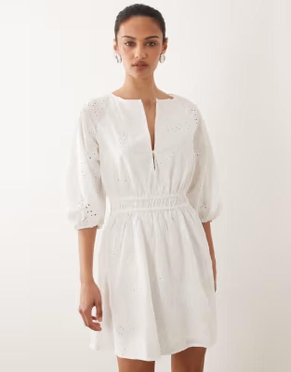 マンゴ レディース トップス ワンピース ミニ コットン 刺繍 Mango 100 cotton long sleevembroidered mini dress WHITE ホワイト