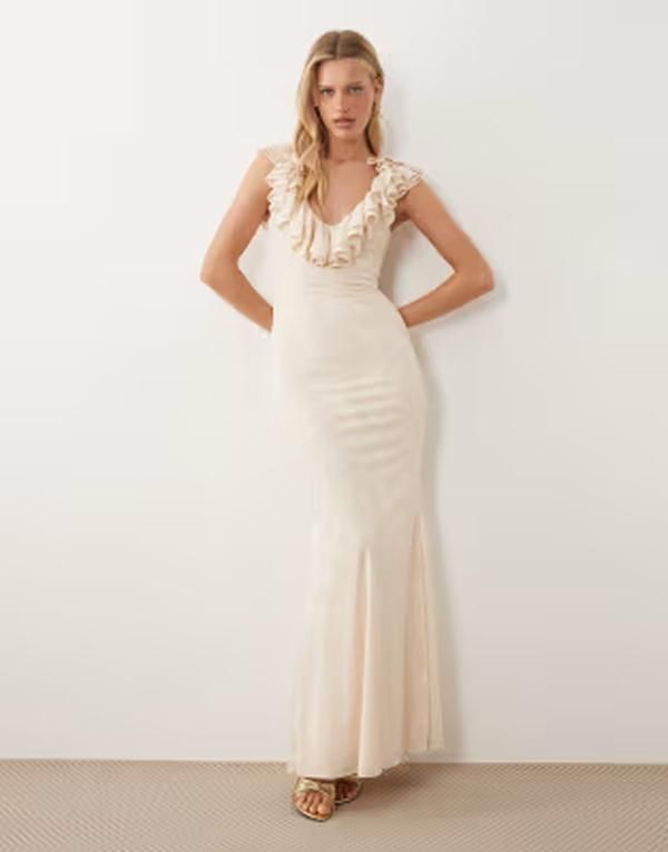 エイソス レディース トップス ワンピース Vネック フリル マキシ ASOS DESIGN burnout devore ruffle soft Vneck maxi with godets inatural NATURAL