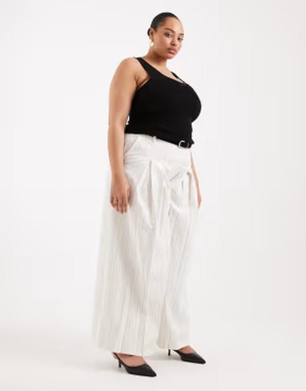 エイソス レディース ボトムス カジュアルパンツ リネン ASOS DESIGN Curve tailored belted palazzo pants with linen in ecru stripecru stripe エクリュ