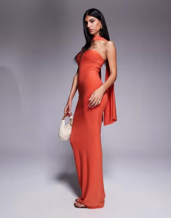 ファッションキラ レディース トップス ワンピース マキシ Fashionkilla double sculpted slinky scarf detail maxi dress in orange オレンジ