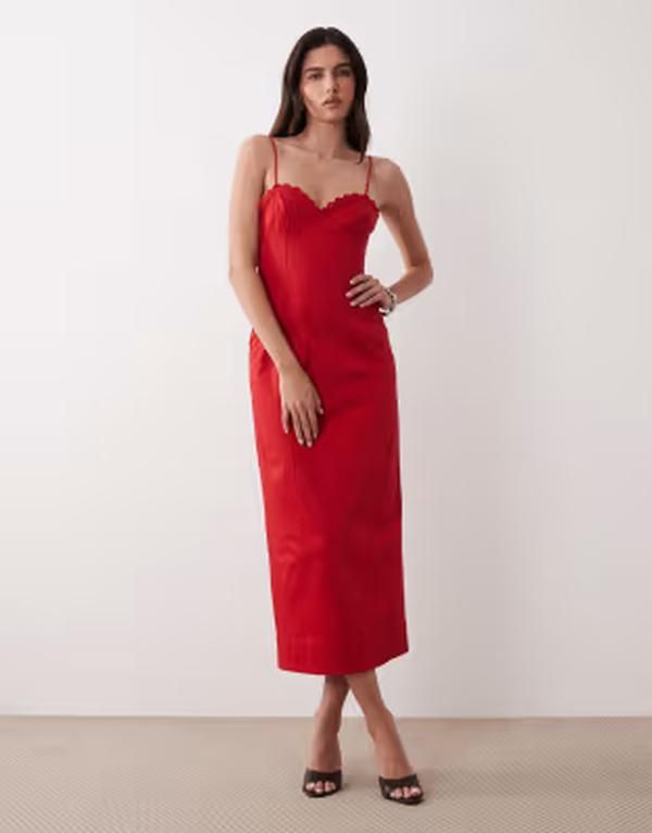 エイソス レディース トップス ワンピース Tシャツ コットン マキシ ASOS DESIGN cotton sateen cami maxi sundress with bust detailing RED レッド