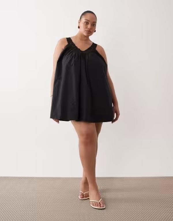 エイソス レディース トップス ワンピース Vネック ミニ オーバーレイ レース ASOS Curve ASOS DESIGN Curve poplin vneck mini smock sundress with lace overlay Black ブラッ