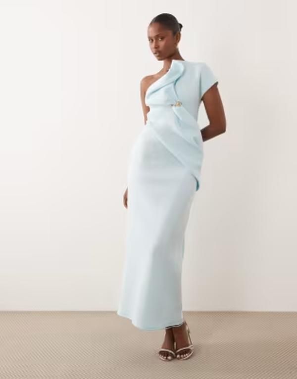 エイソス レディース トップス ワンピース アシンメトリー ミディ スキューバ ASOS DESIGN asymmetric one shoulder midi dress with trim in light blue scubastyle fabric L