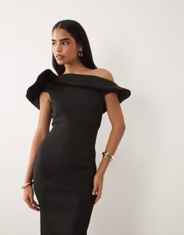 エイソス レディース トップス ワンピース ミディ スキューバ ASOS DESIGN twist bardot midi dress with corsage back detail scubastyle fabric Black ブラック