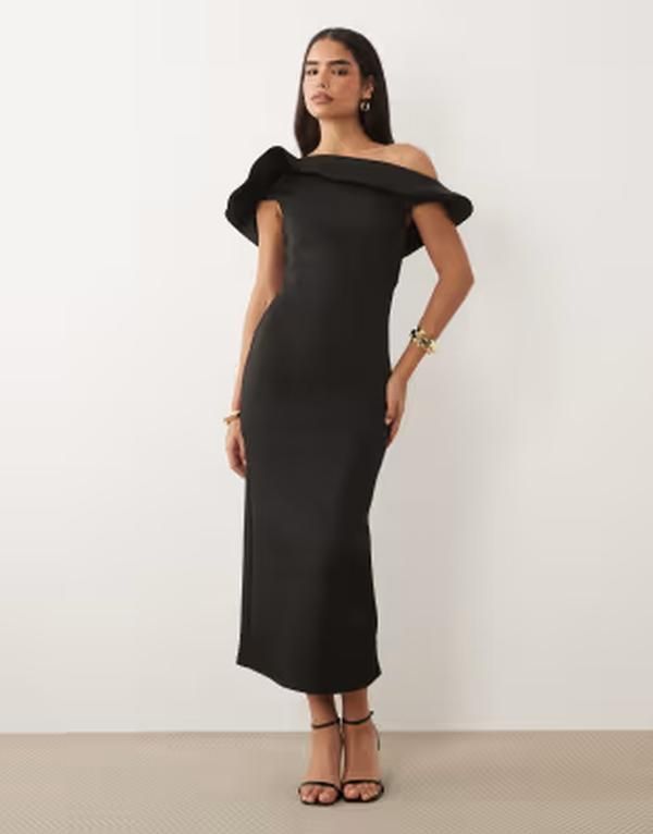 エイソス レディース トップス ワンピース ミディ スキューバ ASOS DESIGN twist bardot midi dress with corsage back detail scubastyle fabric Black ブラック