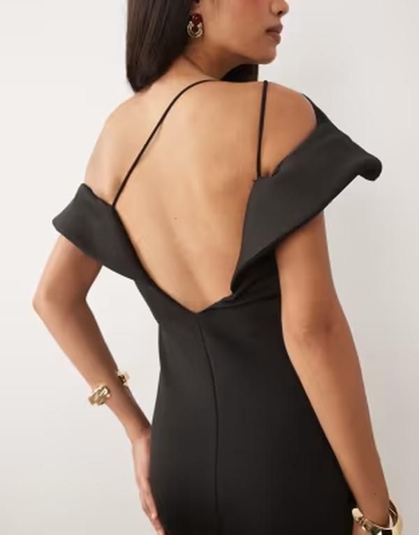 エイソス レディース トップス ワンピース ミディ スキューバ ASOS DESIGN twist bardot midi dress with corsage back detail scubastyle fabric Black ブラック