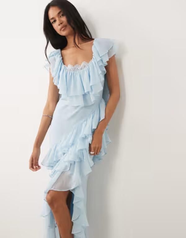 エイソス レディース トップス ワンピース レーストリム フリル レース マキシ ASOS DESIGN ruffle maxi dress with lace trim in dusky Blue ブルー 22,484円
