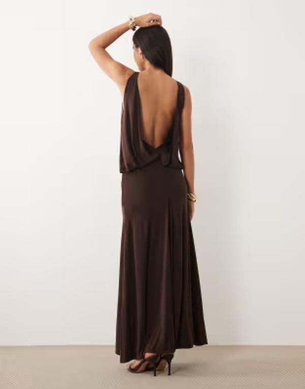 エイソス レディース トップス ワンピース オープンバック マキシ ASOS DESIGN slinky maxi dress with dropped waist and open back in chocolate チョコレート