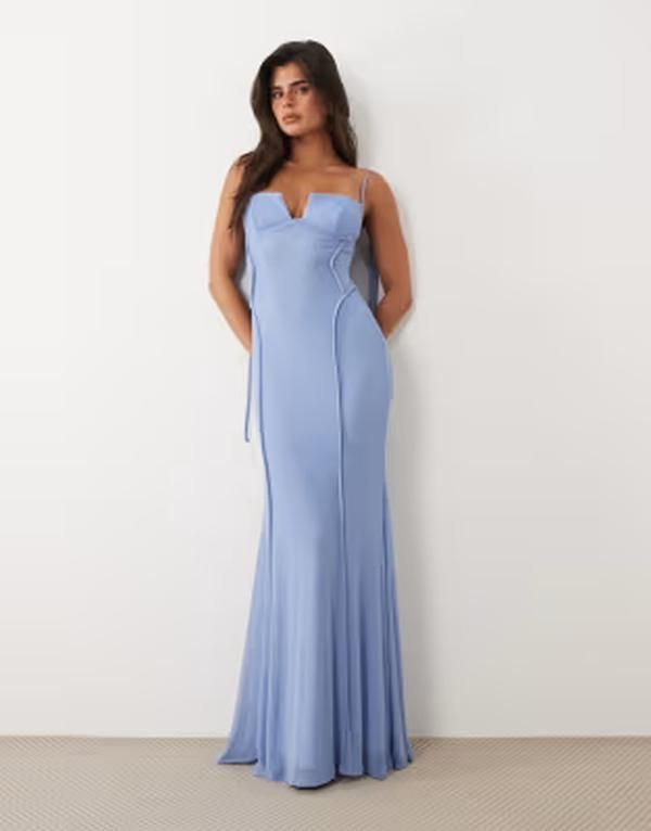 エイソス レディース トップス ワンピース メッシュ マキシ ASOS DESIGN mesh exposed seamsculpted cups maxi dress in pale BLUE ブルー