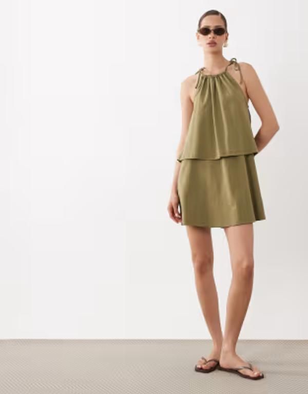 エイソス レディース トップス ワンピース ミニ ASOS DESIGN tie neck baby doll mini dress OLIVE オリーブ