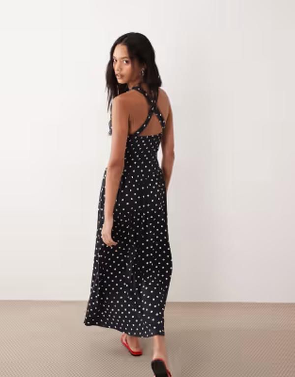 エイソス レディース トップス ワンピース ドット柄 ドット ミディ ASOS DESIGN crinkle built up cross back midi dress in mono polka dot Mono polka dot ドット