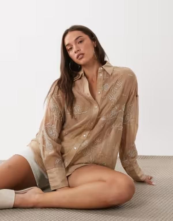 マンゴ レディース トップス シャツ シアー Mango sheer oversized shirt with embellishment BEIGE ベージュ