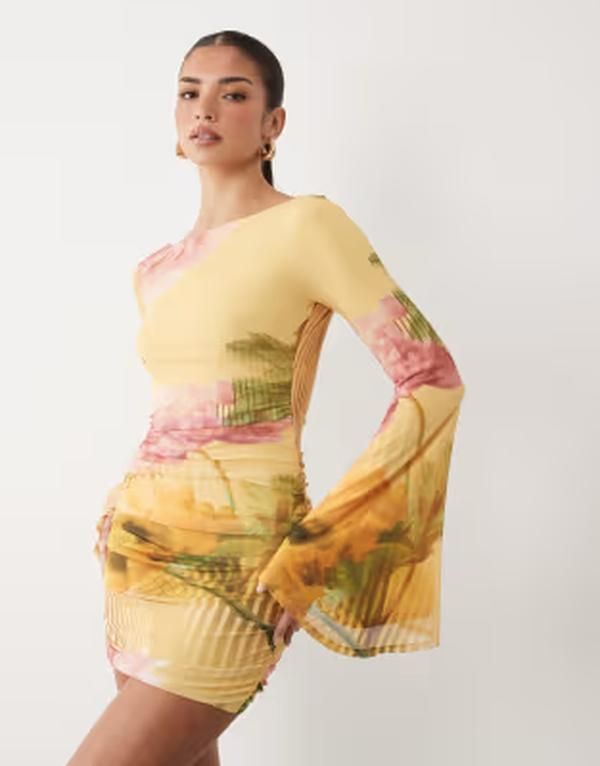 エイソス レディース トップス ワンピース フラワー柄 ギャザー ミニ メッシュ フラワー ASOS DESIGN mesh waterfall sleeve ruched mini dress in yellow floral Yellow floral イ