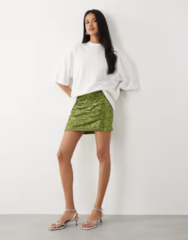 エイソス レディース ボトムスカート ドレープ ミニ スパンコール ASOS DESIGN sequin draped mini skirt Green グリーン