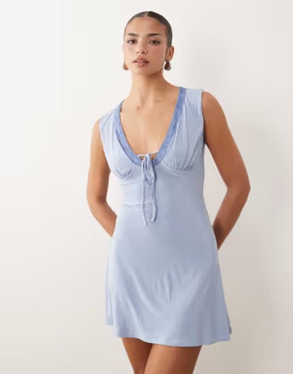 エイソス レディース トップス ワンピース Vネック レーストリム ミニ レース ASOS DESIGN slinky vneck lace trimini dress Blue ブルー