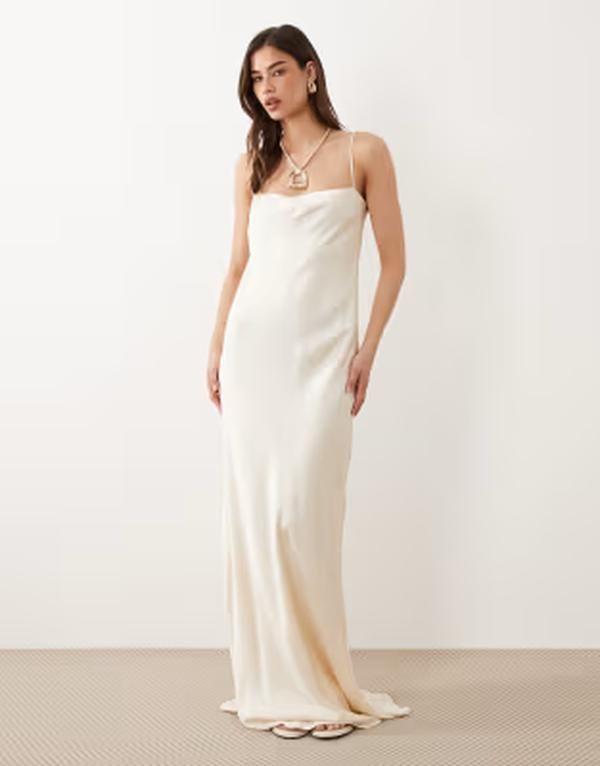 マンゴ レディース トップス ワンピース キャップ マキシ Mango Capsule square neck strappy maxi dress in cream BEIGE ベージュ