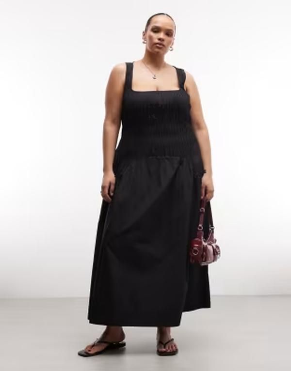 コルージョン レディース トップス ワンピース プラスサイズ ミディ COLLUSION Plusquare neck shirred midi dress Black ブラック