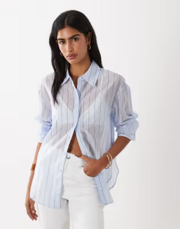 マンゴ レディース トップス シャツ シアー Mango sheer long sleeve shirt in pastel blue stripesky blue ブルー