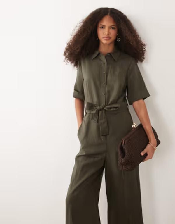 マンゴ レディース トップス ジャンプスーツ Mango short sleeve tie waist jumpsuit GREEN グリーン