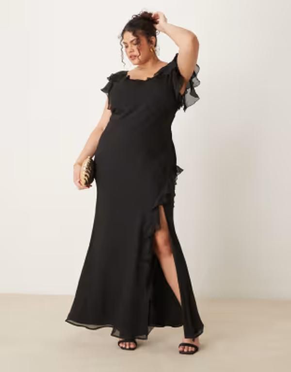 エイソス レディース トップス ワンピース フリル マキシ ASOS Curve ASOS DESIGN Curve ruffle flutter sleeve maxi dress with side split Black ブラック
