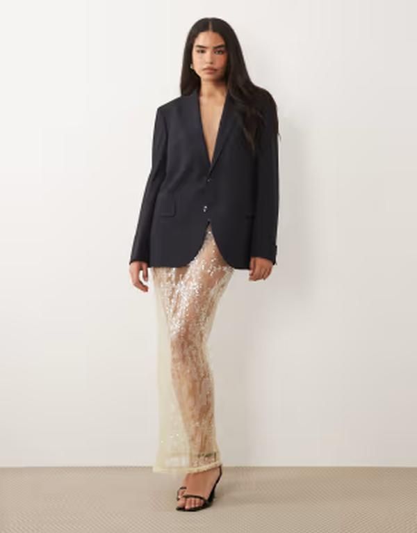 エイソス レディース ボトムスカート メッシュ シアー スパンコール レース マキシ ASOS DESIGN sheer sequin mesh maxi lace skirt in yellow part of a set Lemon イエロー