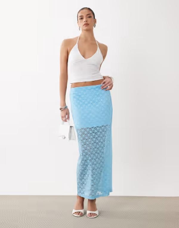 エイソス レディース ボトムスカート レース マキシ ASOS DESIGN lace column maxi skirt Blue ブルー