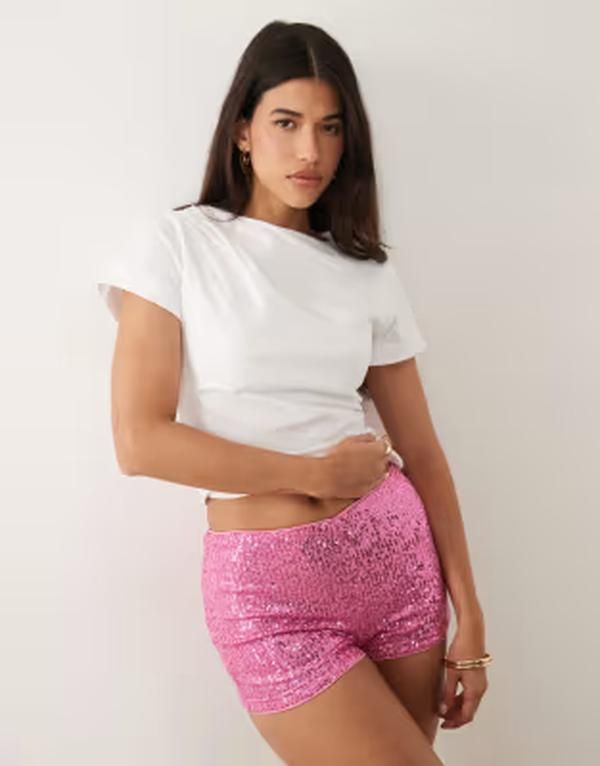 エイソス レディース ボトムス ハーフパンツ・ショーツ ミニ ショートパンツ スパンコール ASOS DESIGN sequin mini shorts pink ピンク
