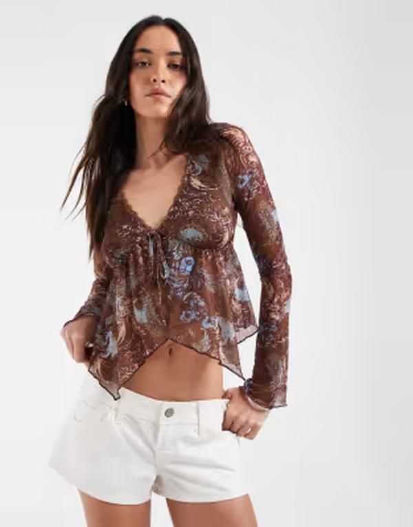 モーテル レディース トップス シャツ Motel Concetta long sleeve top in feathery paisley BROWN ブラウン