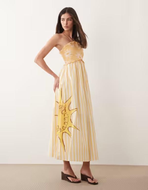 ネバーフリードレスド レディース トップス ワンピース コットン マキシ ホルター Never Fully Dressed Ashley cotton halter neck maxi dress in yellow stripes YELLOW イエロー
