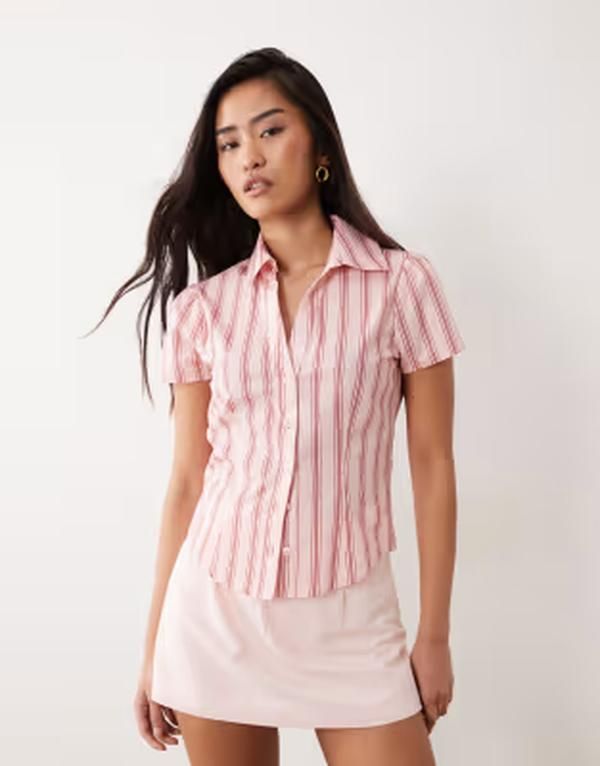 ミスセルフフリッジ レディース トップス シャツ Misselfridge short sleeve fitted shirt pinstripe Pink Pinstripe ピンク