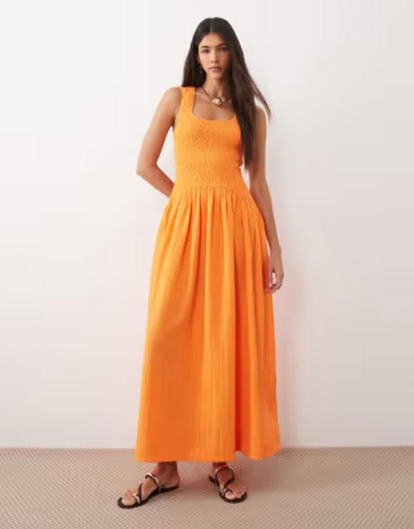 エイソス レディース トップス ワンピース マキシ ASOS DESIGN crinkle scoop neck maxi sundress with shirred waist in vibrant orange Vibrant Orange オレンジ