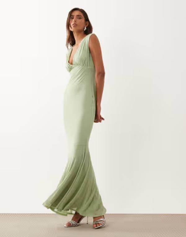 エイソス レディース トップス ワンピース Vネック マキシ ASOS DESIGN v neck fishtail maxi dress in sage セージ